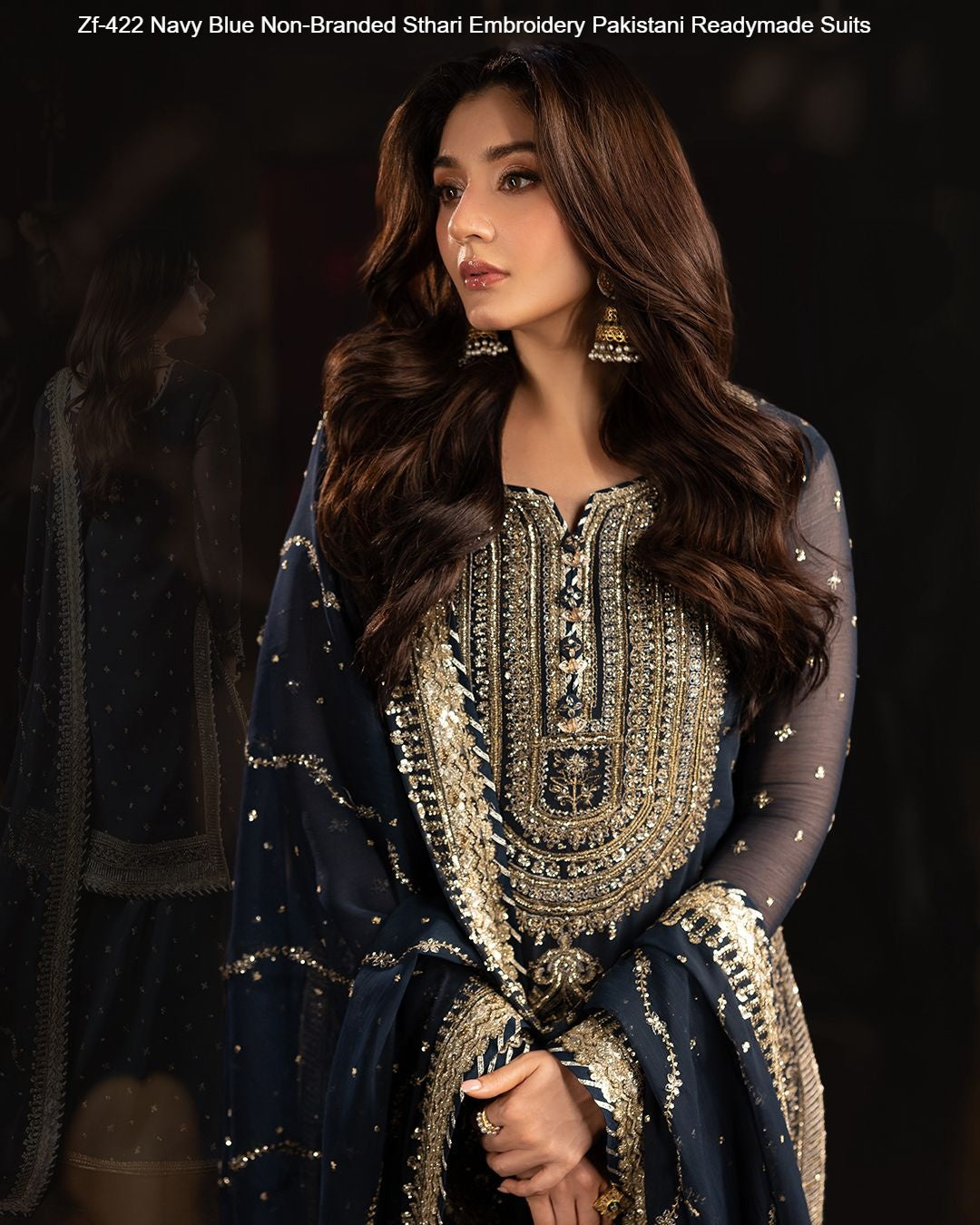 Zf-422 Navy Blue Non-Branded Sthari Embroidery Pakistani Readymade Suits
