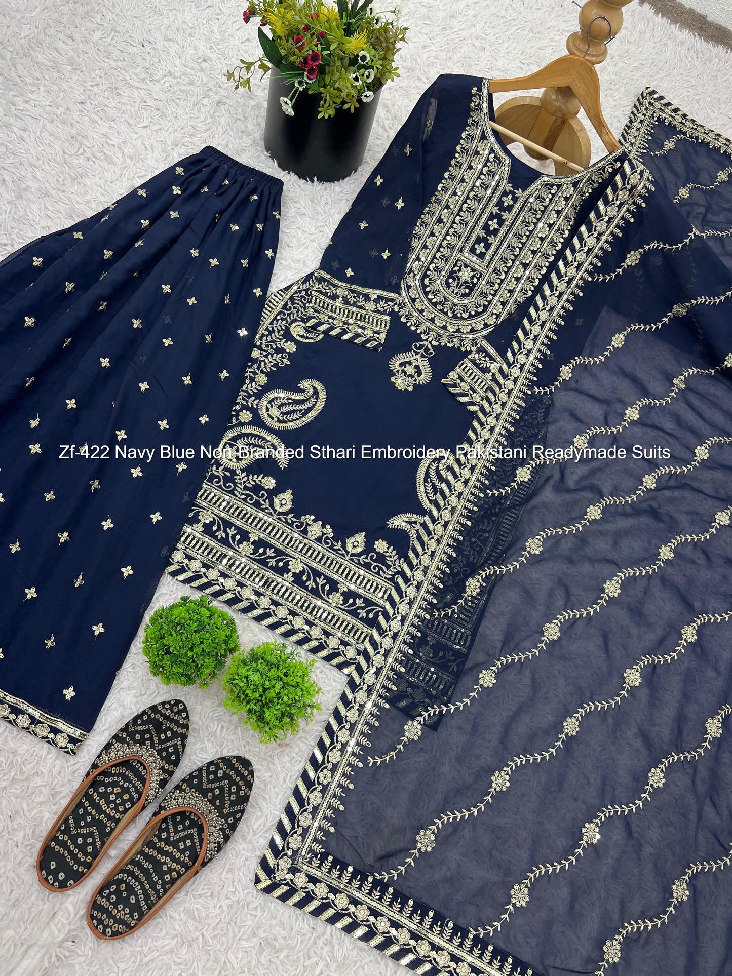 Zf-422 Navy Blue Non-Branded Sthari Embroidery Pakistani Readymade Suits