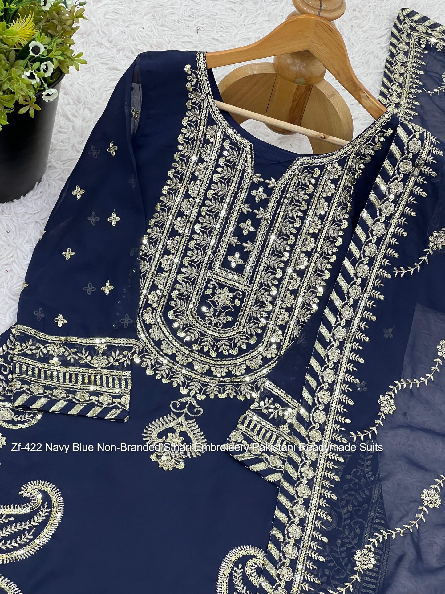 Zf-422 Navy Blue Non-Branded Sthari Embroidery Pakistani Readymade Suits