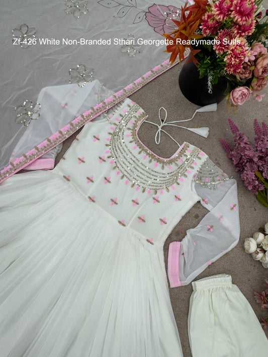 Zf-426 White Non-Branded Sthari Georgette Readymade Suits