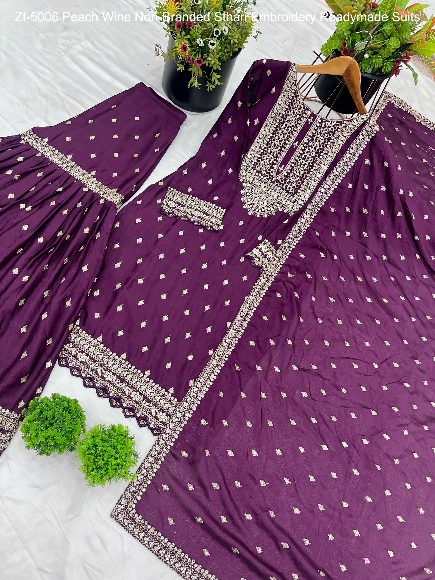 Zf-5006 Peach Wine Non-Branded Sthari Embroidery Readymade Suits