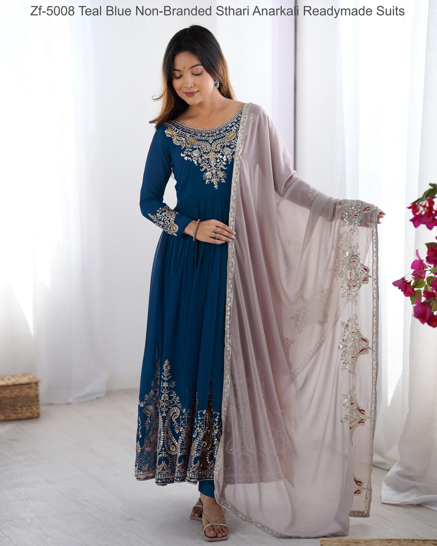 Zf-5008 Teal Blue Non-Branded Sthari Anarkali Readymade Suits