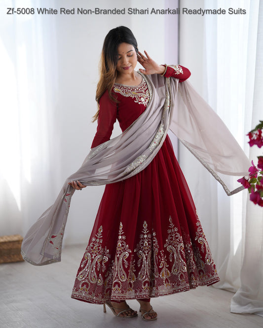 Zf-5008 White Red Non-Branded Sthari Anarkali Readymade Suits