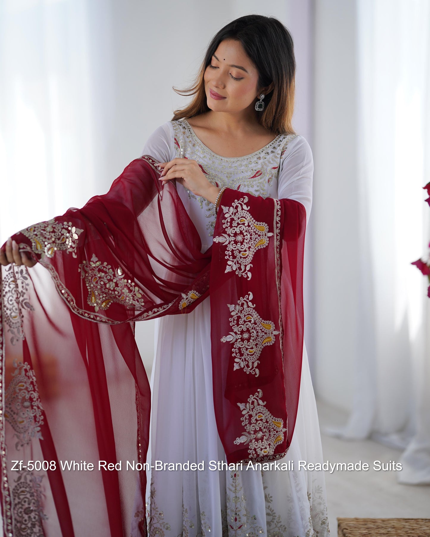 Zf-5008 White Red Non-Branded Sthari Anarkali Readymade Suits
