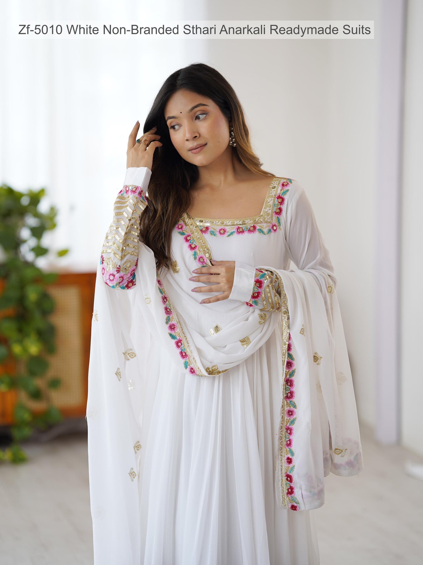 Zf-5010 White Non-Branded Sthari Anarkali Readymade Suits