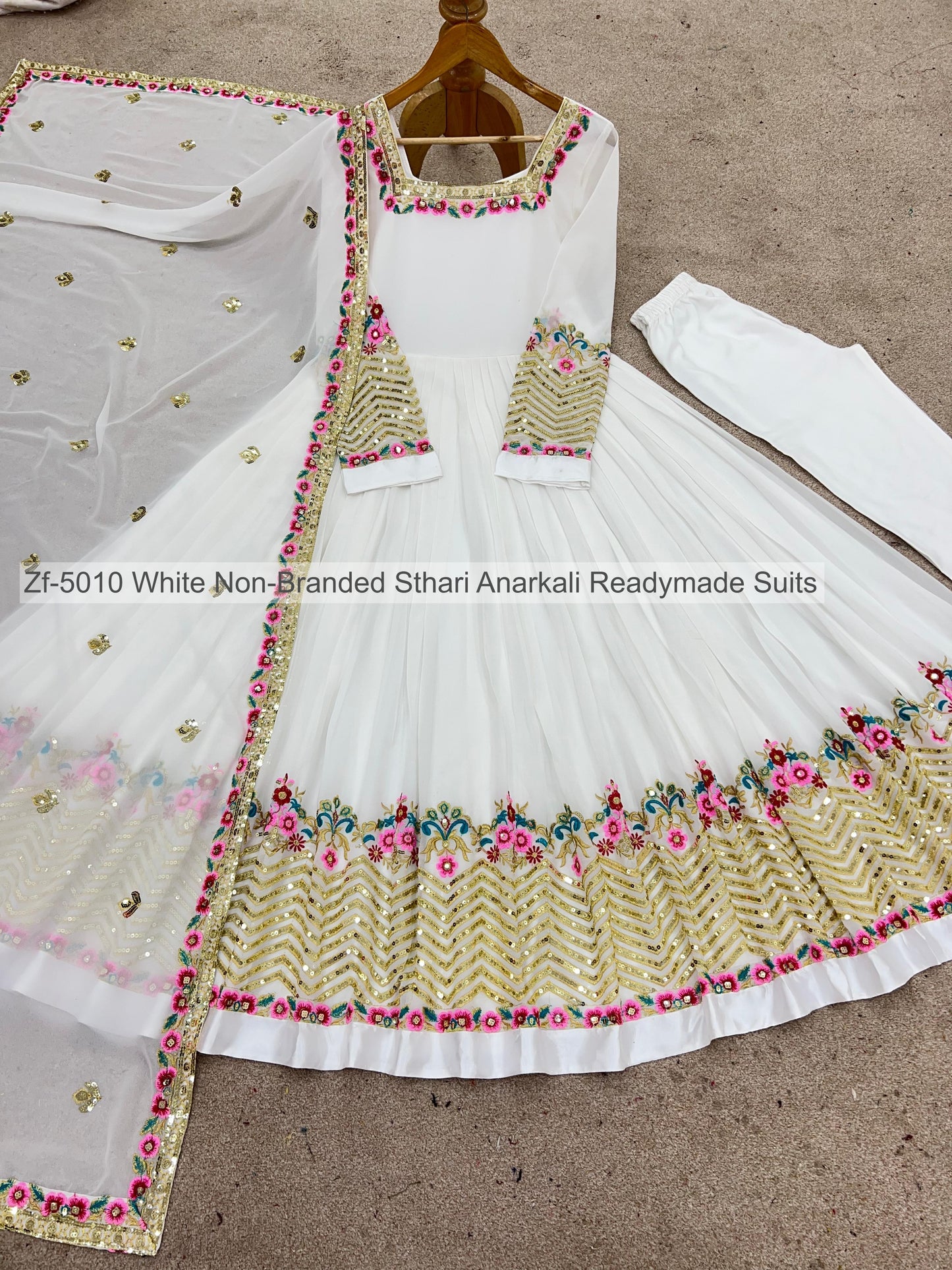 Zf-5010 White Non-Branded Sthari Anarkali Readymade Suits