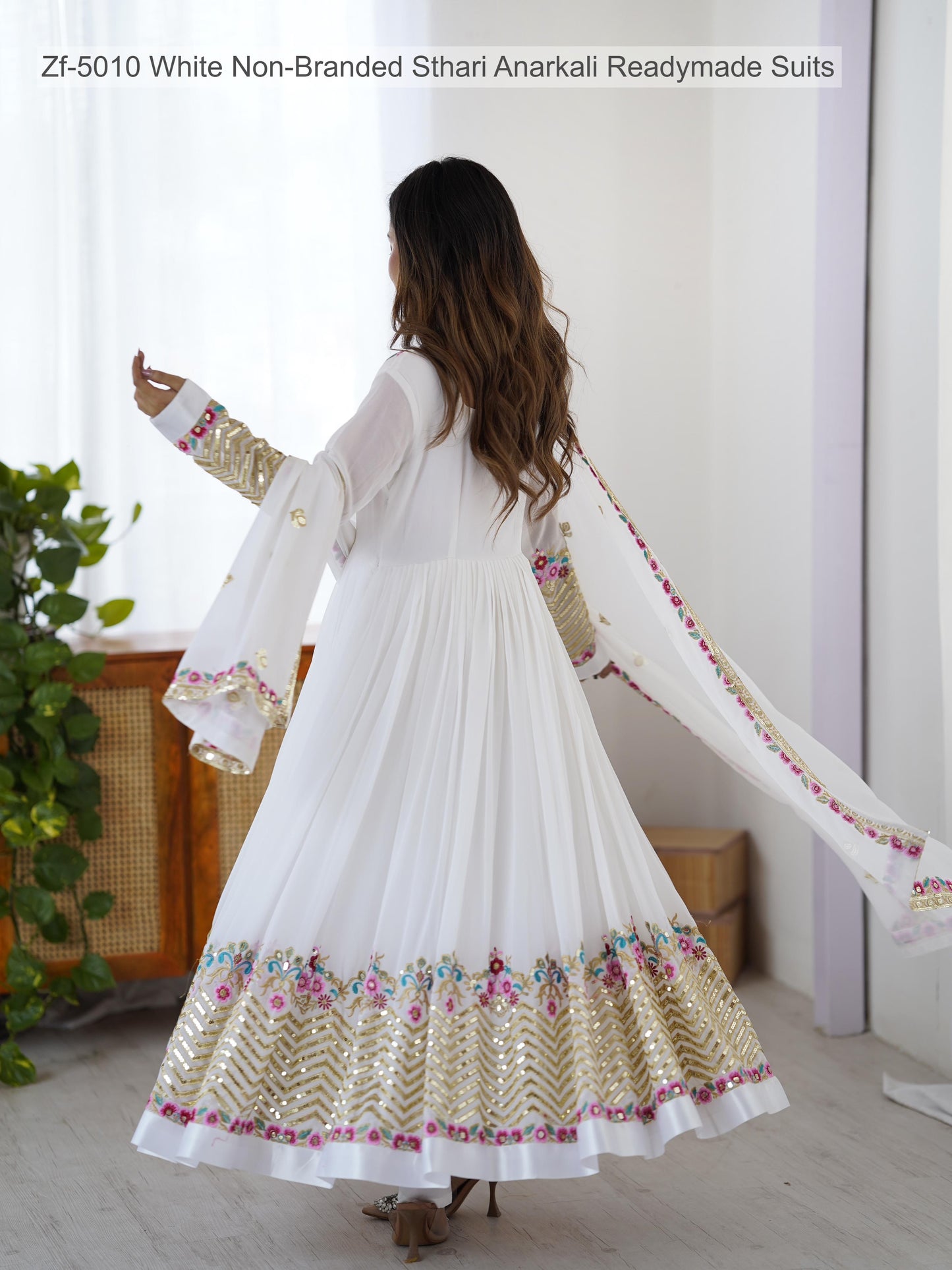 Zf-5010 White Non-Branded Sthari Anarkali Readymade Suits