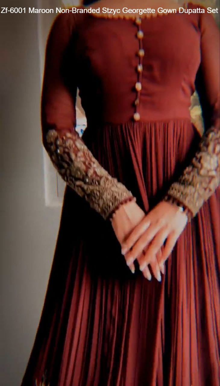 Zf-6001 Maroon Non-Branded Stzyc Georgette Gown Dupatta Set