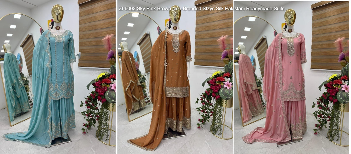 Zf-6003 Sky Pink Brown Non-Branded Stzyc Silk Pakistani Readymade Suits
