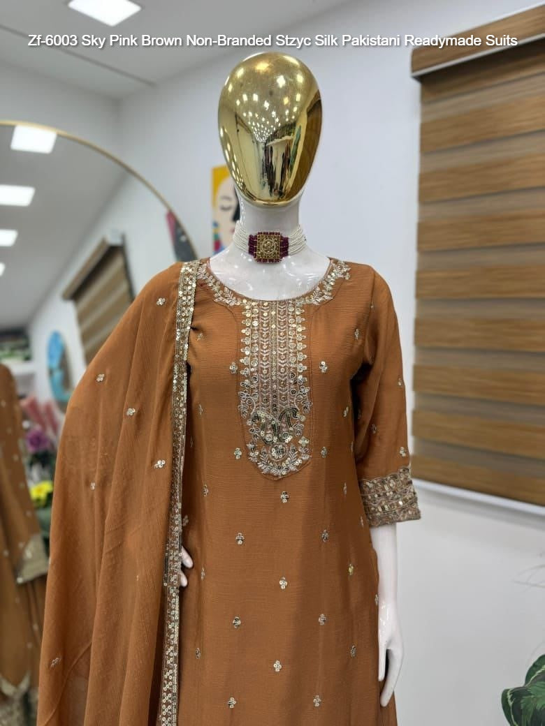 Zf-6003 Sky Pink Brown Non-Branded Stzyc Silk Pakistani Readymade Suits