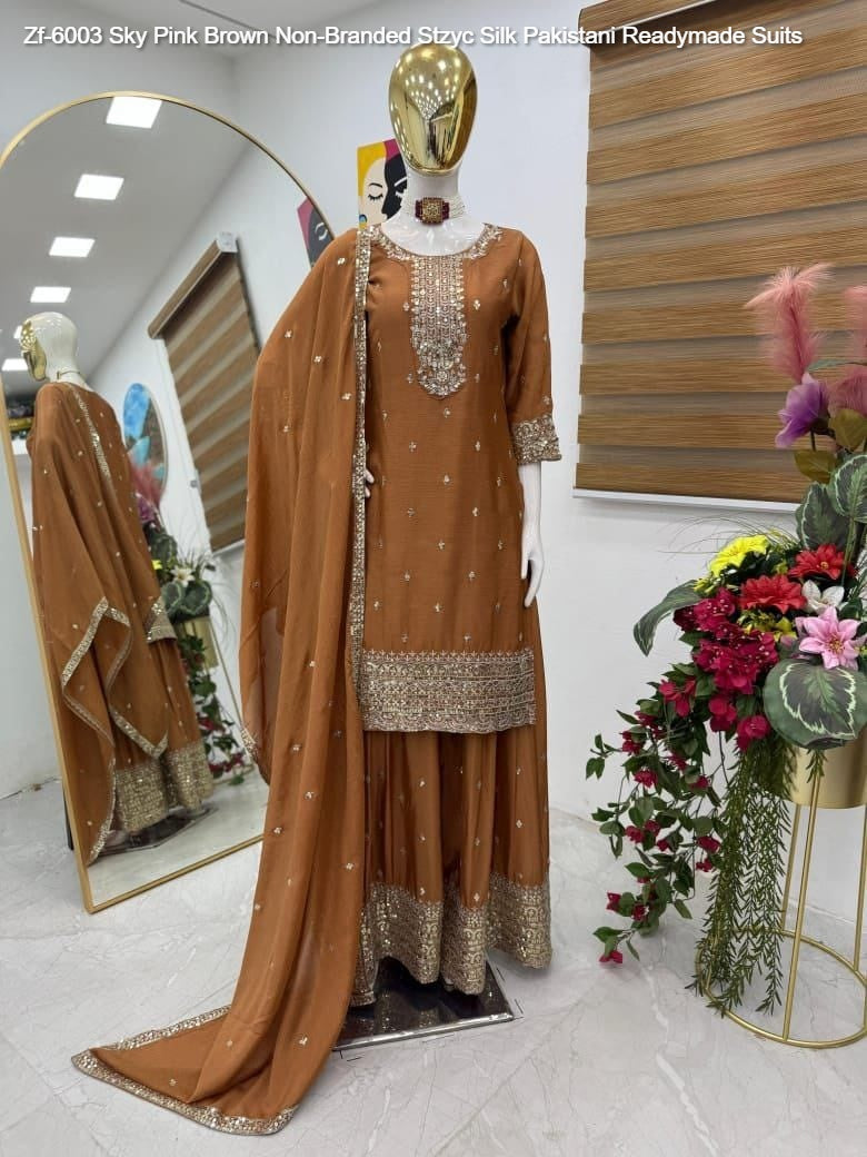 Zf-6003 Sky Pink Brown Non-Branded Stzyc Silk Pakistani Readymade Suits