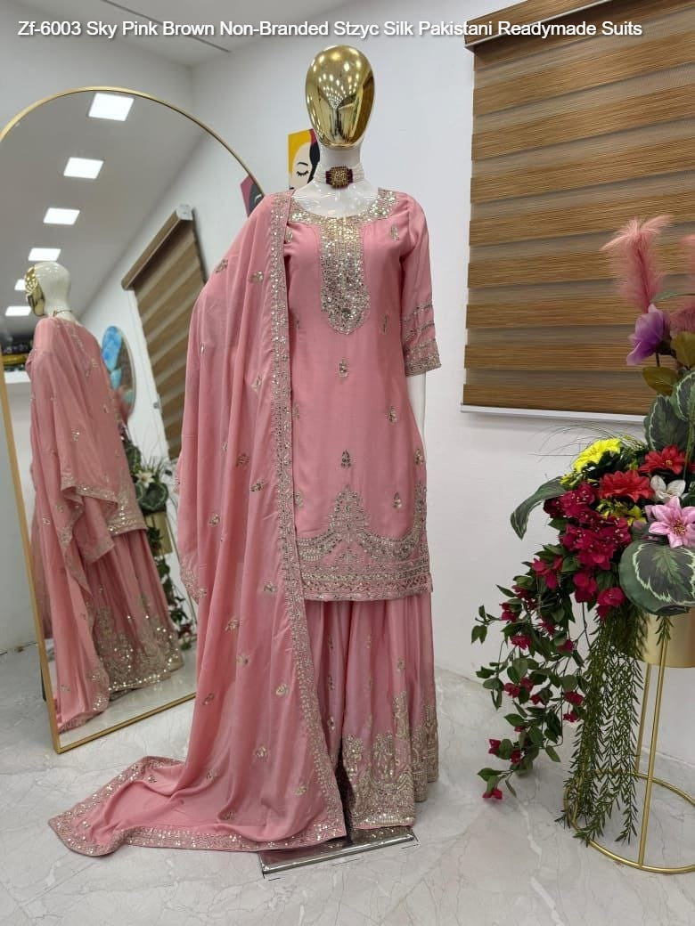 Zf-6003 Sky Pink Brown Non-Branded Stzyc Silk Pakistani Readymade Suits