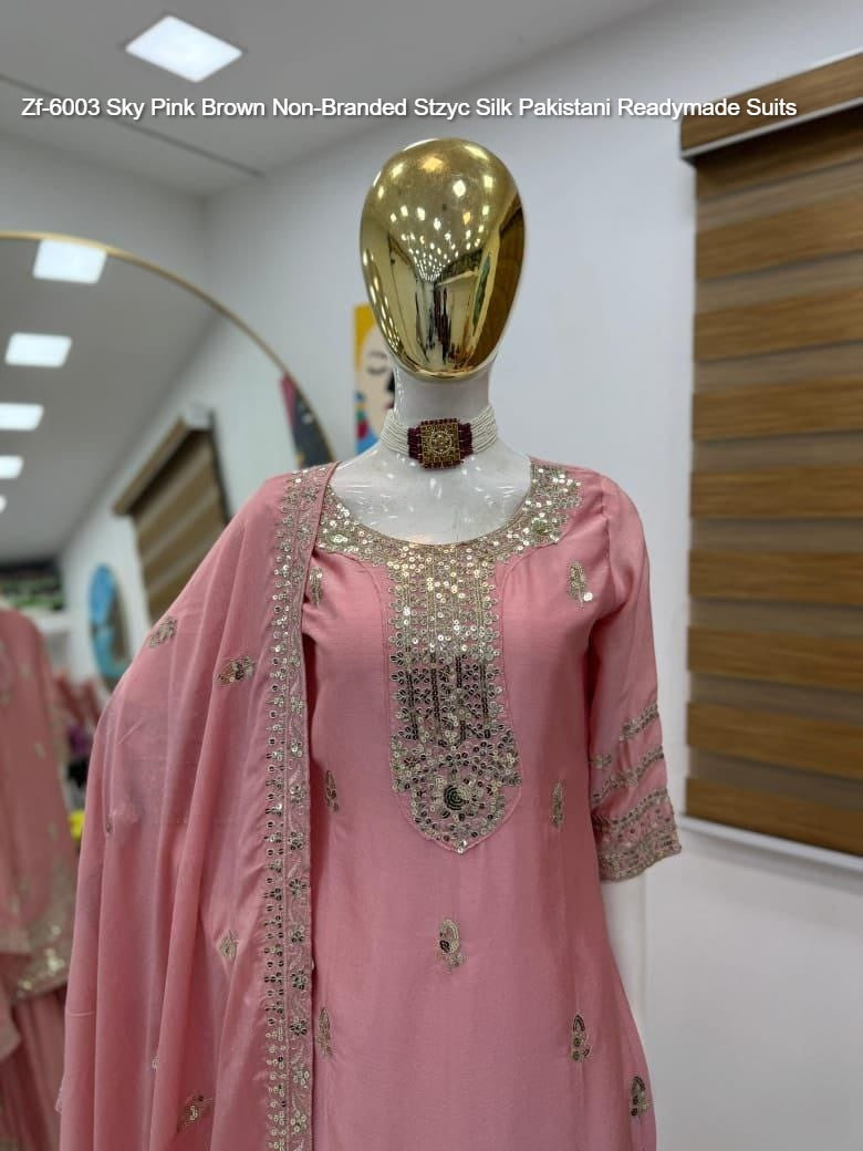 Zf-6003 Sky Pink Brown Non-Branded Stzyc Silk Pakistani Readymade Suits