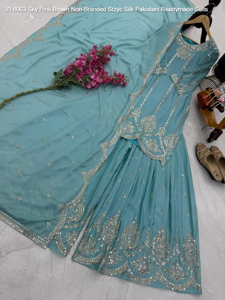 Zf-6003 Sky Pink Brown Non-Branded Stzyc Silk Pakistani Readymade Suits
