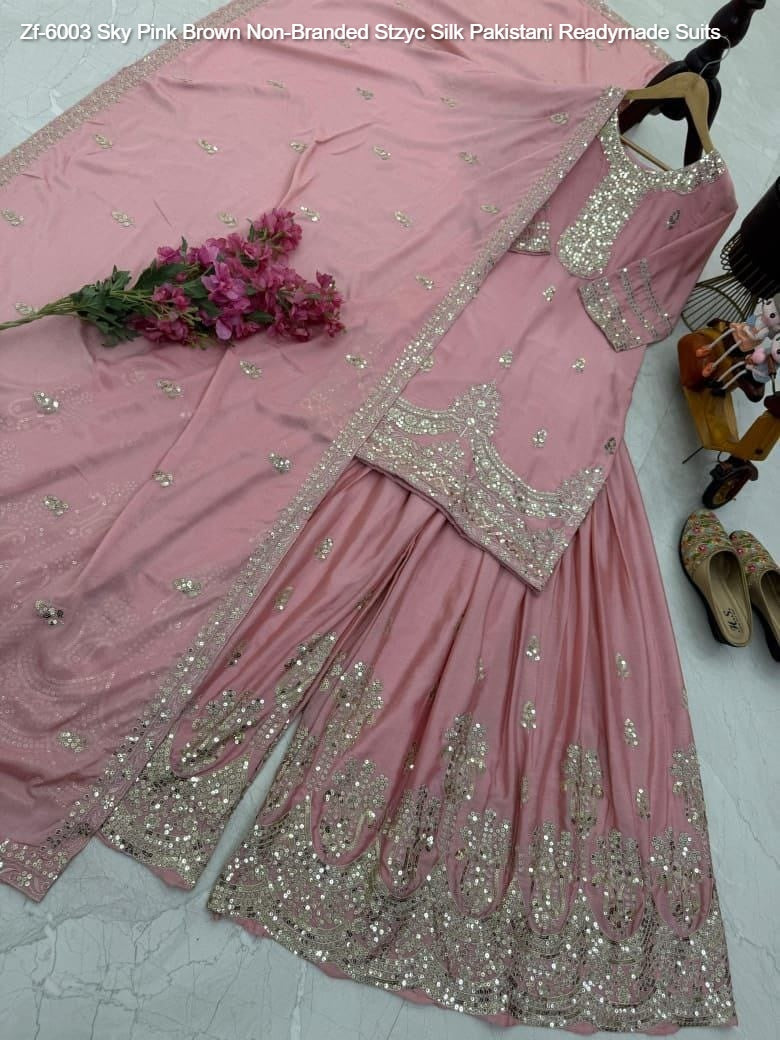 Zf-6003 Sky Pink Brown Non-Branded Stzyc Silk Pakistani Readymade Suits
