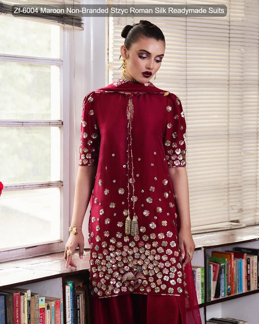 Zf-6004 Maroon Non-Branded Stzyc Roman Silk Readymade Suits