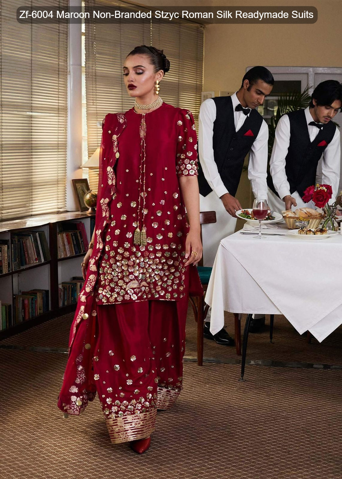 Zf-6004 Maroon Non-Branded Stzyc Roman Silk Readymade Suits