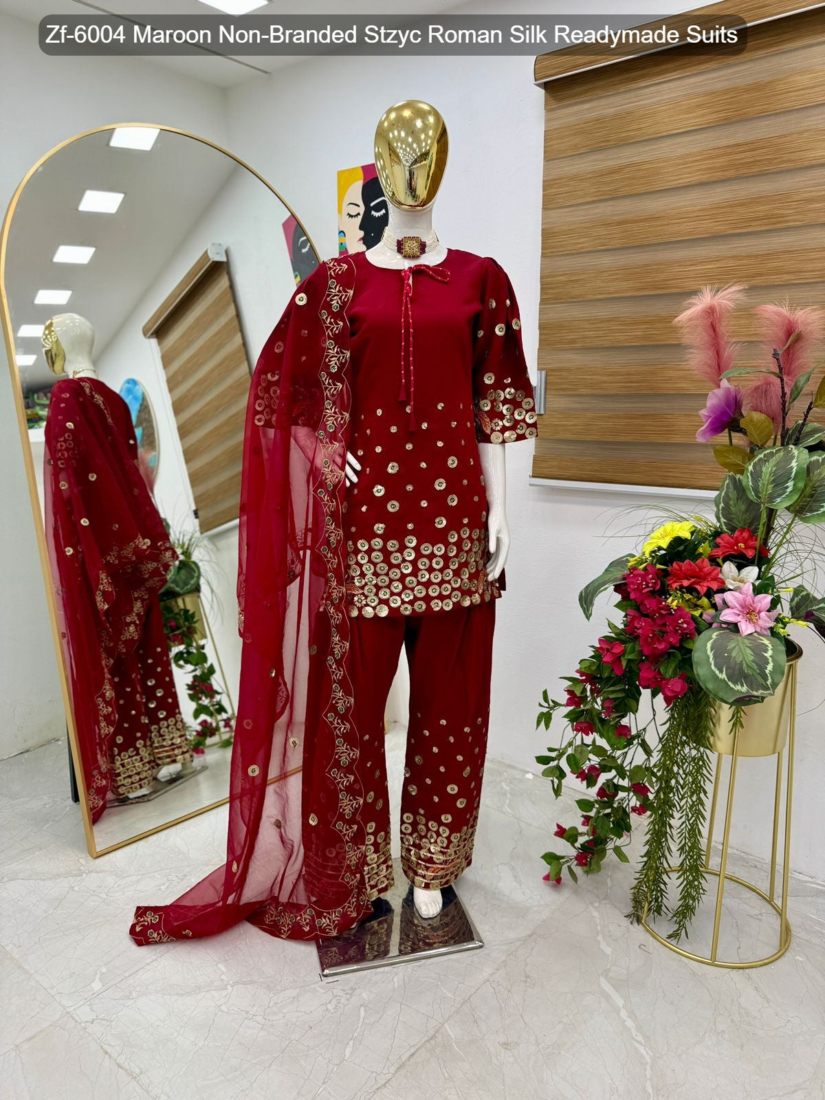 Zf-6004 Maroon Non-Branded Stzyc Roman Silk Readymade Suits
