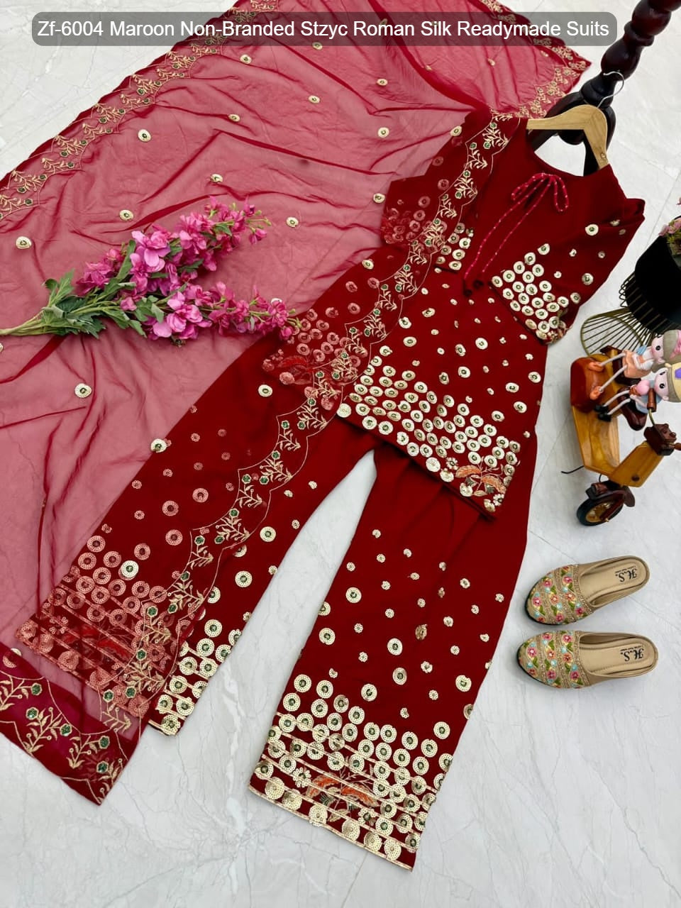 Zf-6004 Maroon Non-Branded Stzyc Roman Silk Readymade Suits