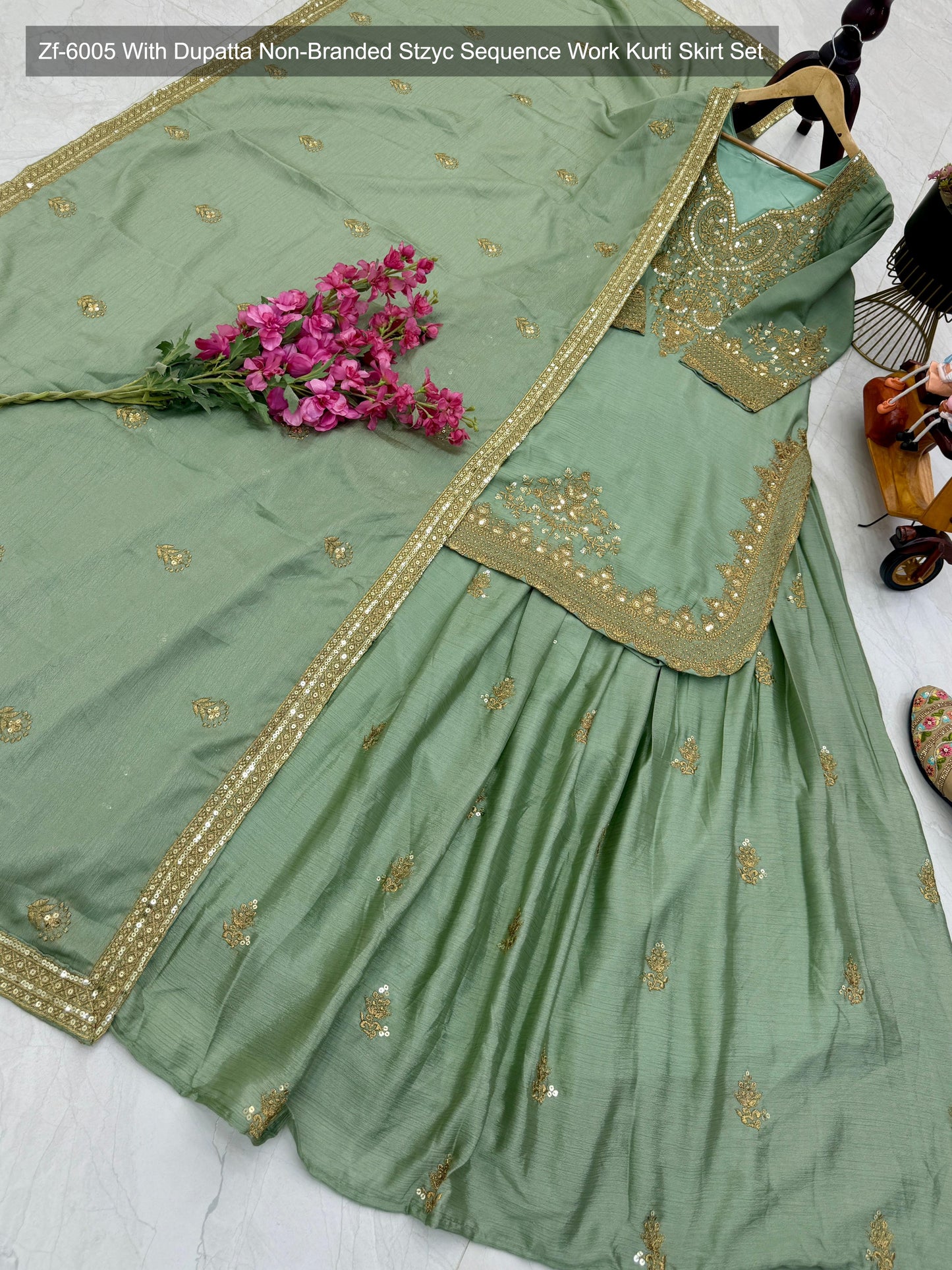 Zf-6005 With Dupatta Non-Branded Stzyc Sequence Work Kurti Skirt Set