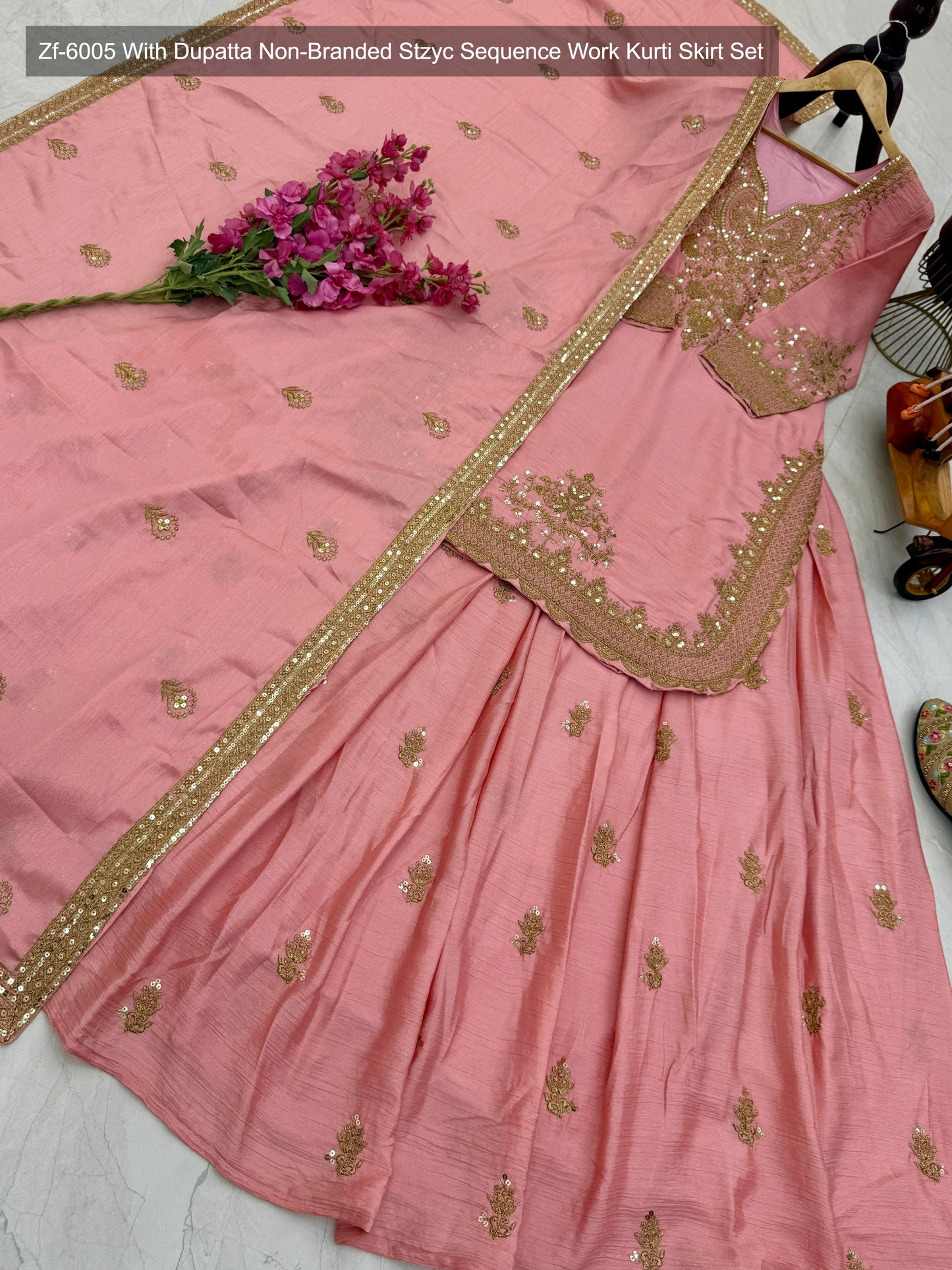 Zf-6005 With Dupatta Non-Branded Stzyc Sequence Work Kurti Skirt Set