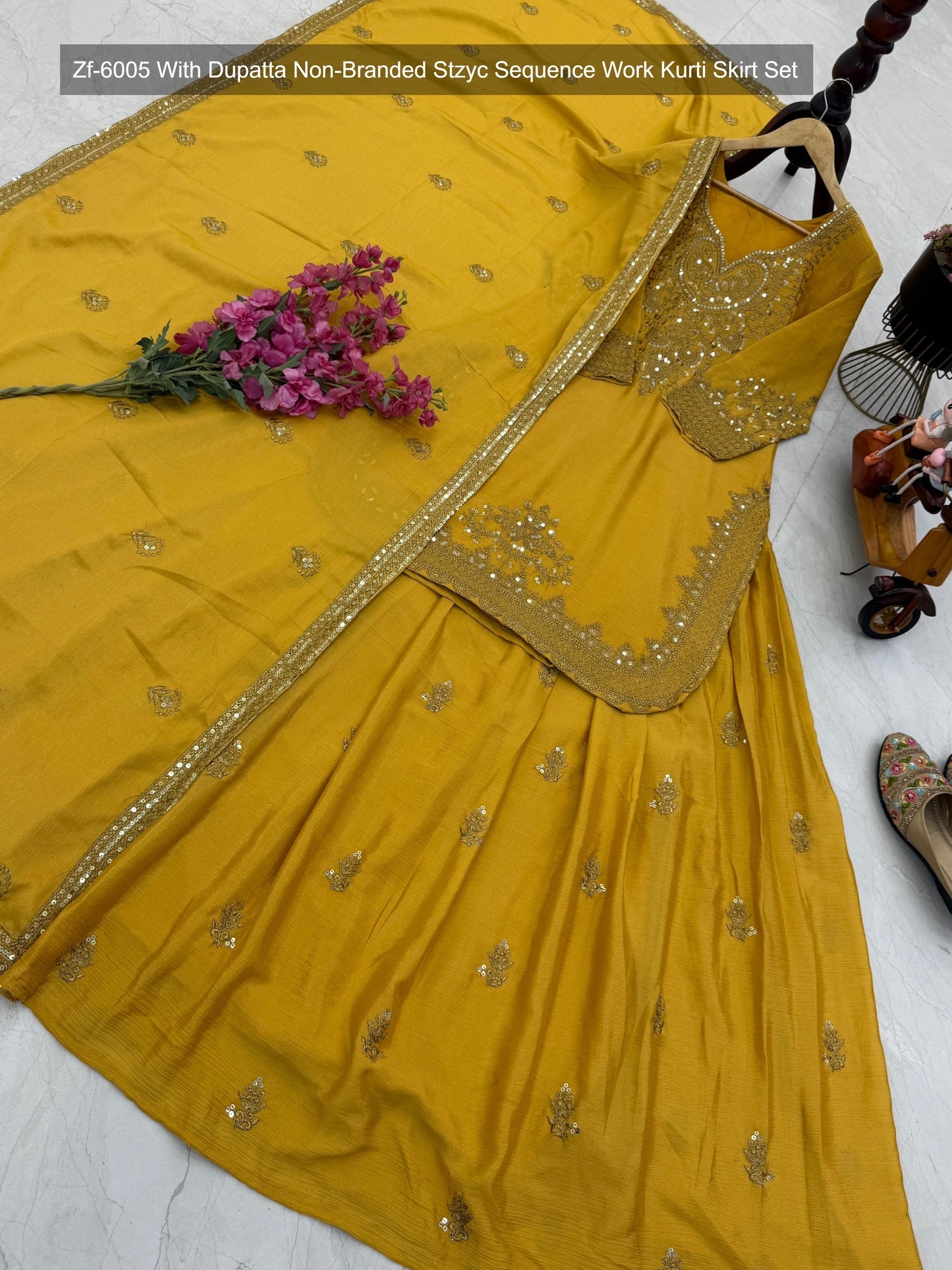 Zf-6005 With Dupatta Non-Branded Stzyc Sequence Work Kurti Skirt Set