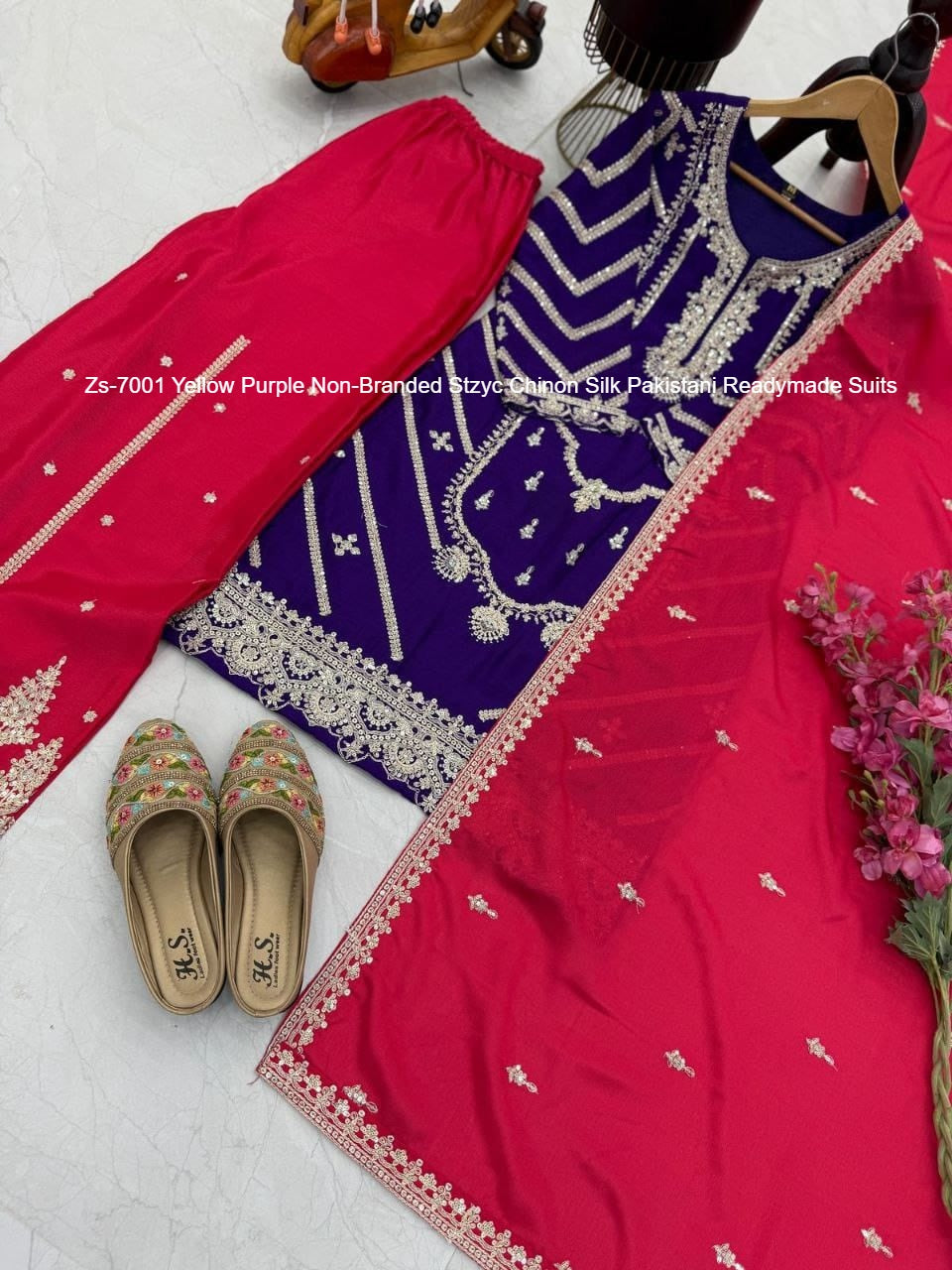 Zs-7001 Yellow Purple Non-Branded Stzyc Chinon Silk Pakistani Readymade Suits