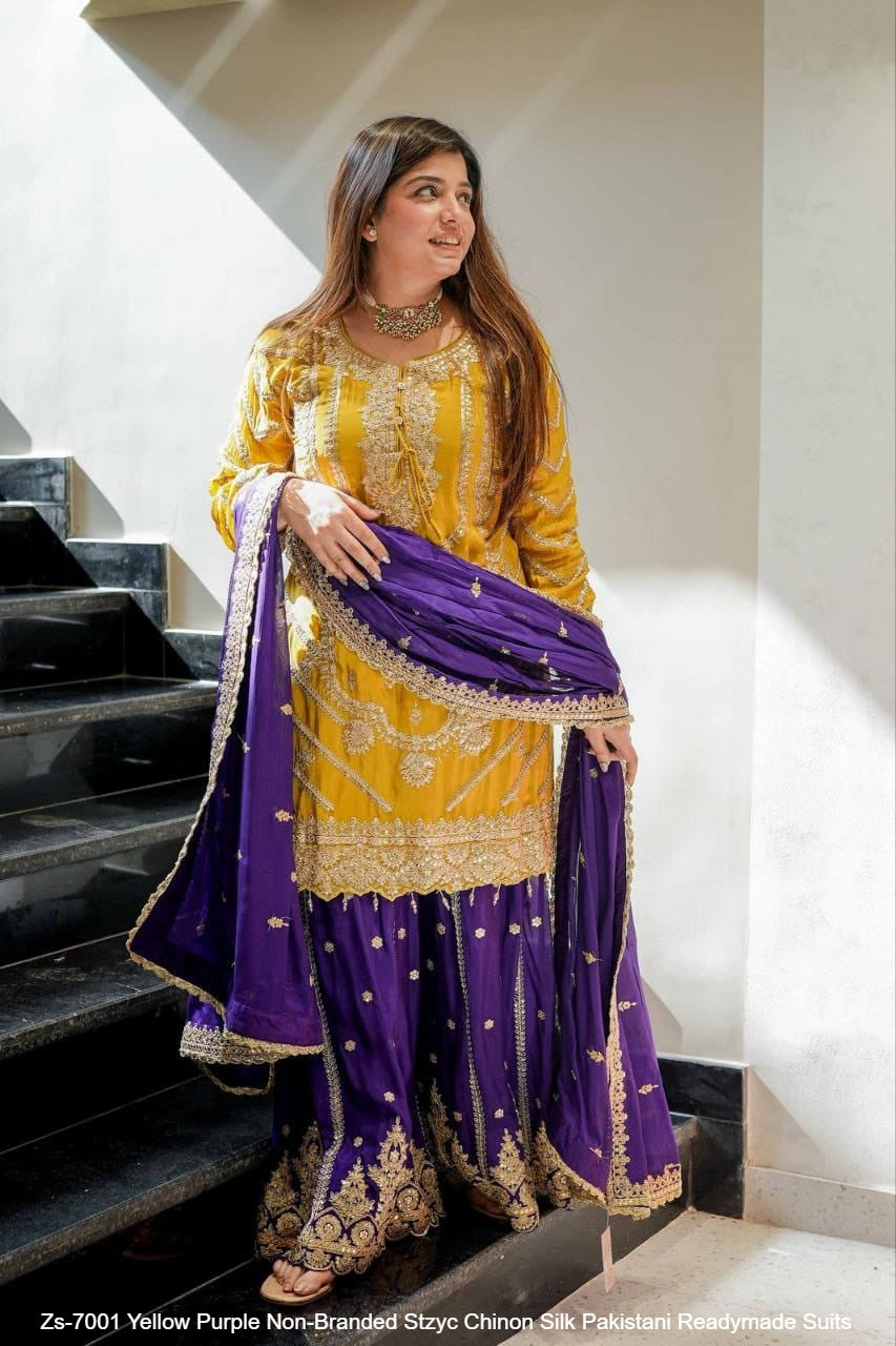 Zs-7001 Yellow Purple Non-Branded Stzyc Chinon Silk Pakistani Readymade Suits