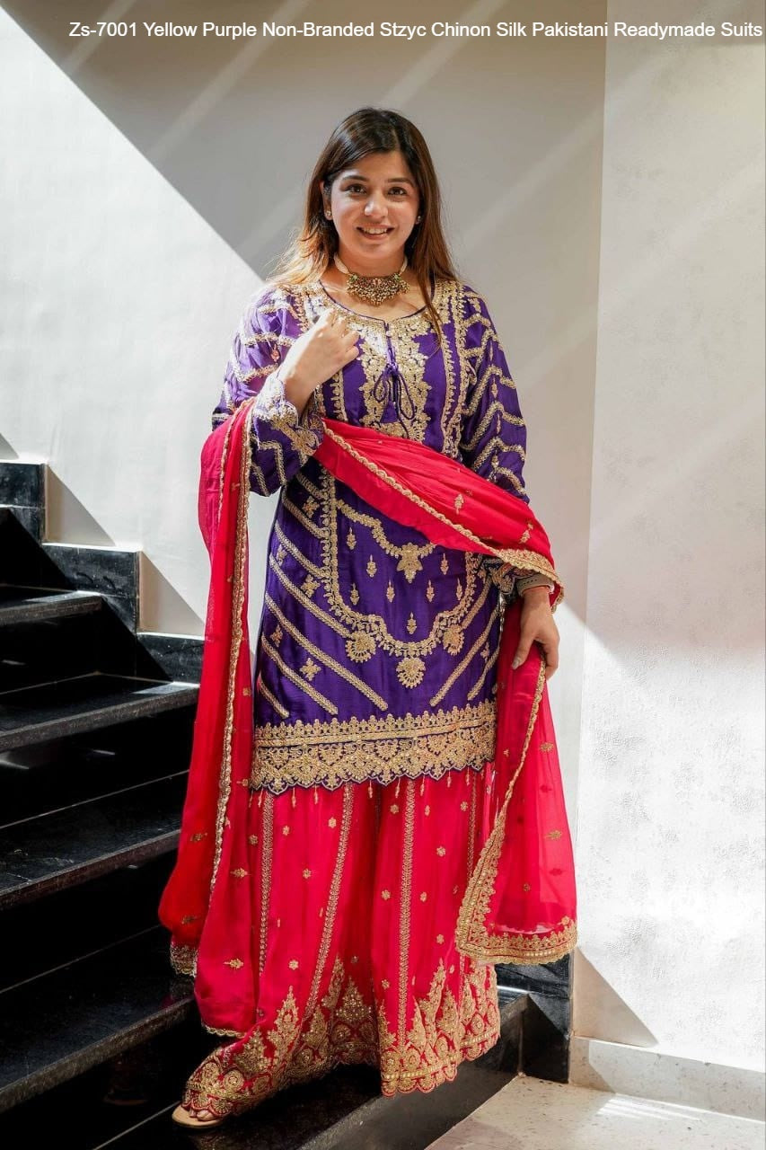 Zs-7001 Yellow Purple Non-Branded Stzyc Chinon Silk Pakistani Readymade Suits