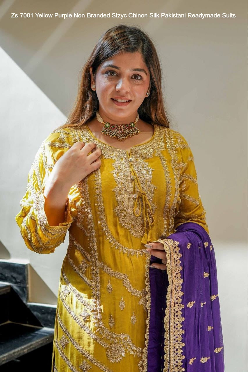 Zs-7001 Yellow Purple Non-Branded Stzyc Chinon Silk Pakistani Readymade Suits