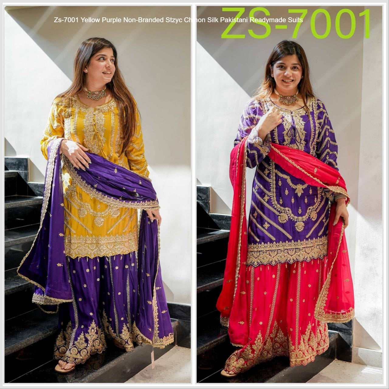 Zs-7001 Yellow Purple Non-Branded Stzyc Chinon Silk Pakistani Readymade Suits
