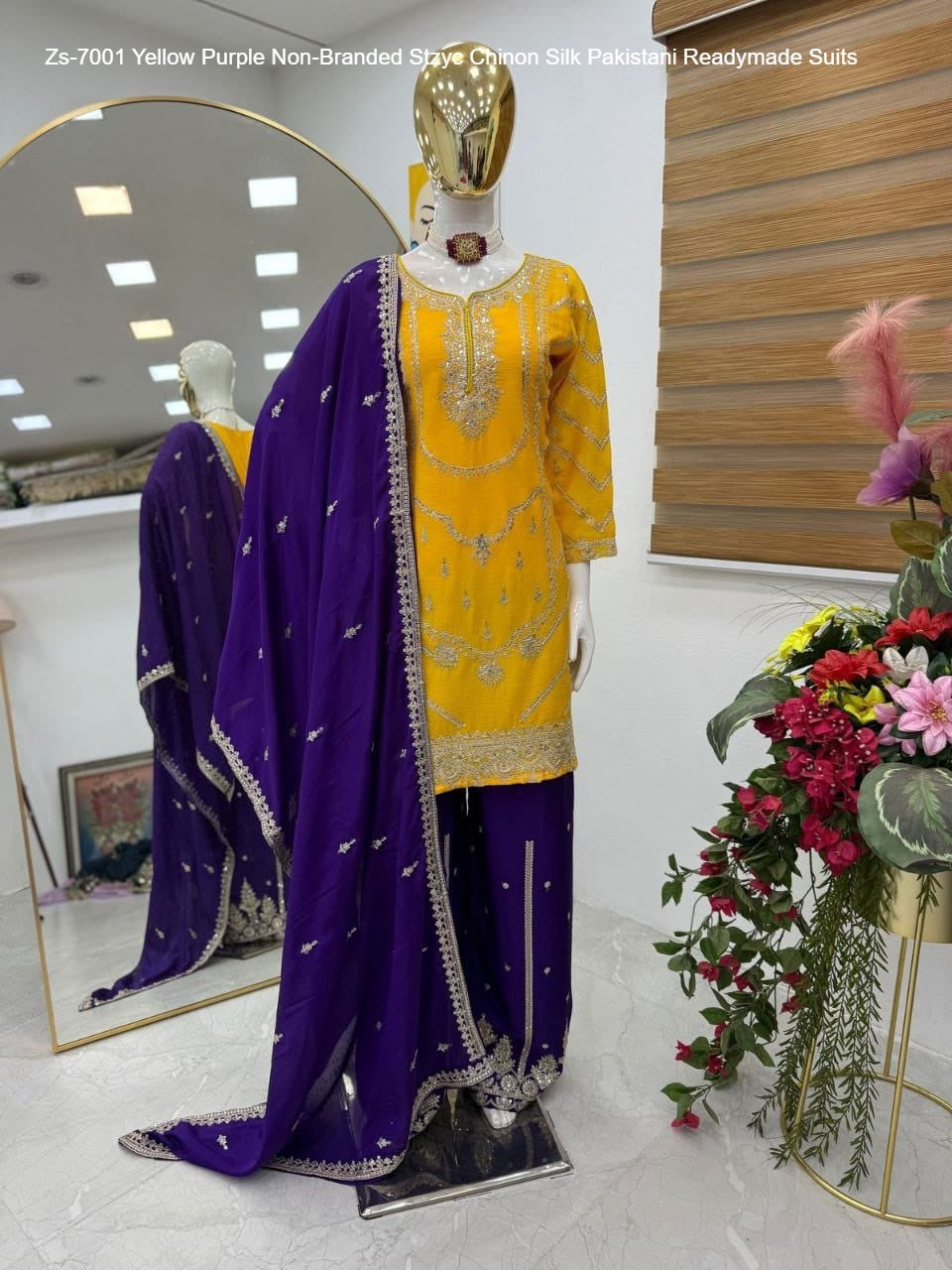 Zs-7001 Yellow Purple Non-Branded Stzyc Chinon Silk Pakistani Readymade Suits