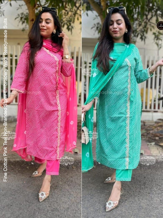 Fine Cotton Pink Teal Non-Branded Stpmr Embroidery Work Readymade Suits