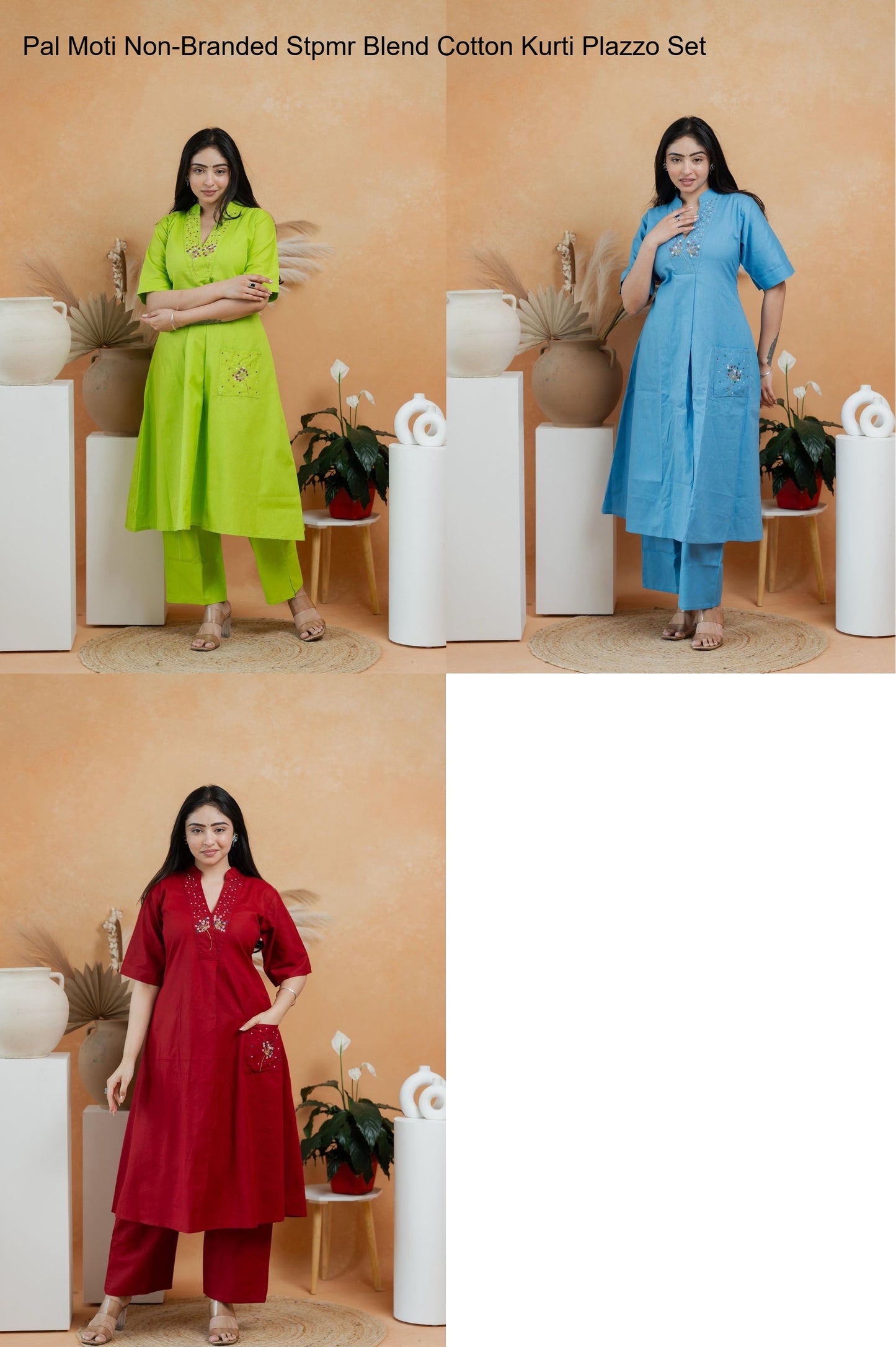 Pal Moti Non-Branded Stpmr Blend Cotton Kurti Plazzo Set