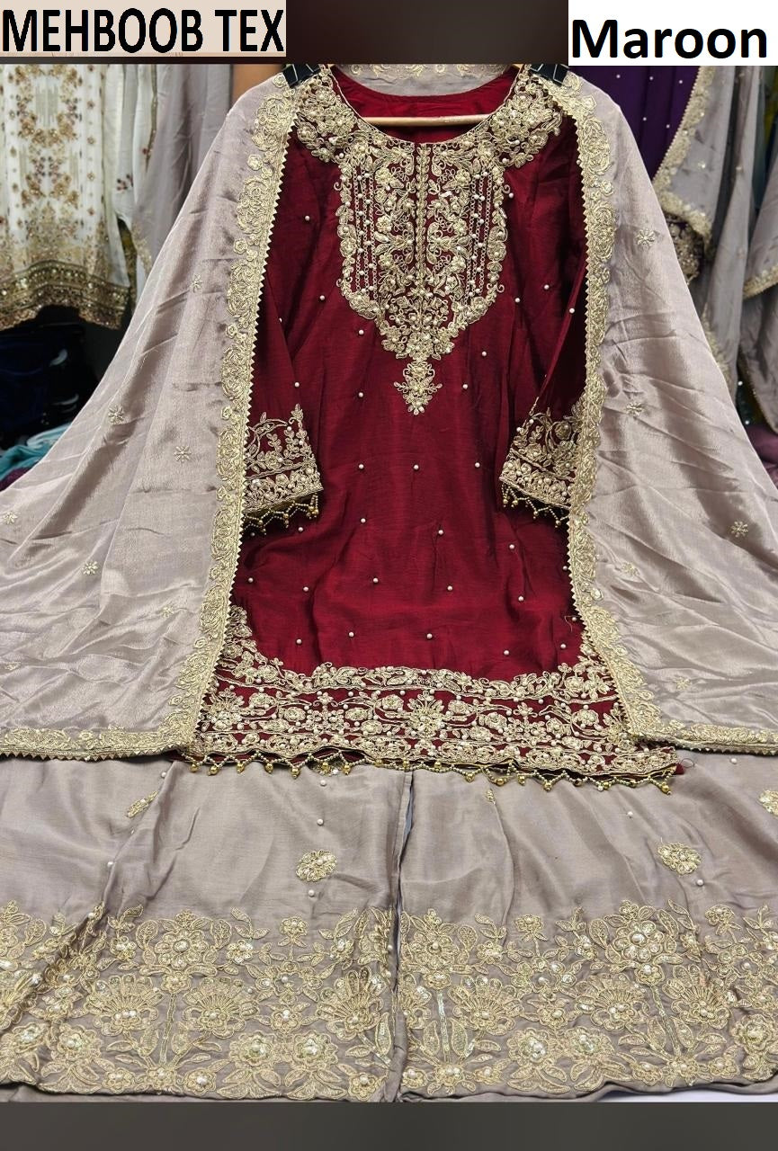 01 Maroon Mehboob Tex Pearl Work Pakistani Readymade Suits