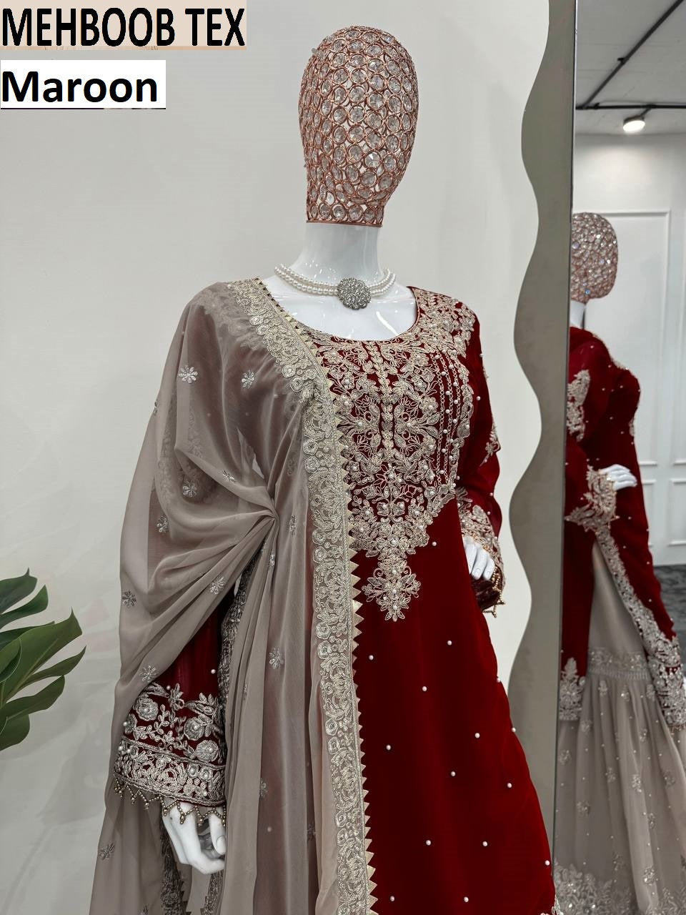 01 Maroon Mehboob Tex Pearl Work Pakistani Readymade Suits
