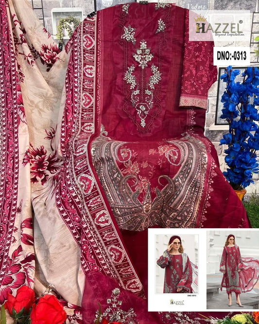 0313 Maroon Hazzel Printed Pakistani Patch Suits
