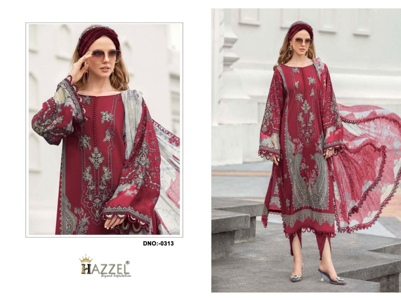 0313 Maroon Hazzel Printed Pakistani Patch Suits