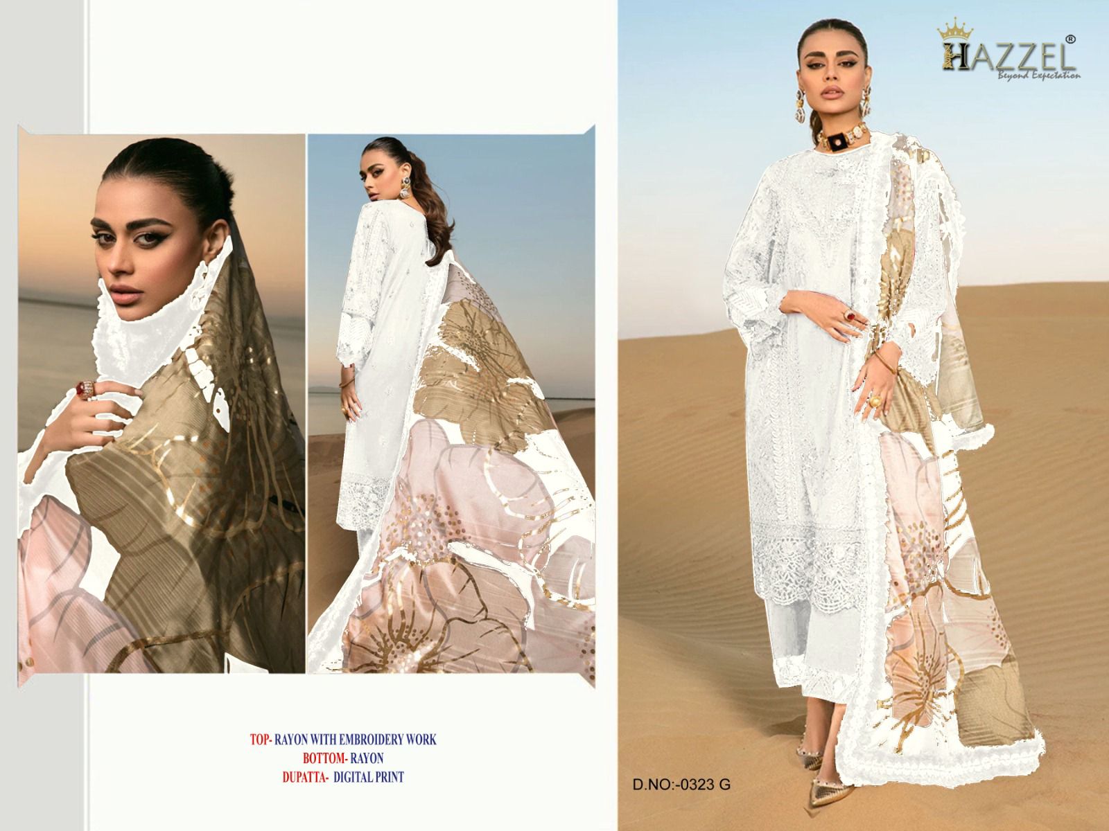 0323 G White Hazzel Embroidery Pakistani Salwar Suits