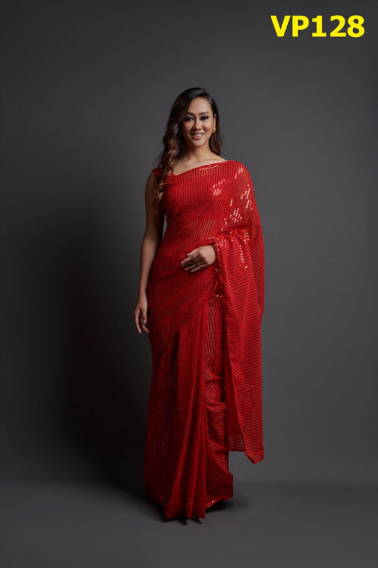 128 Plain Sequence Fashion Berry Sarees