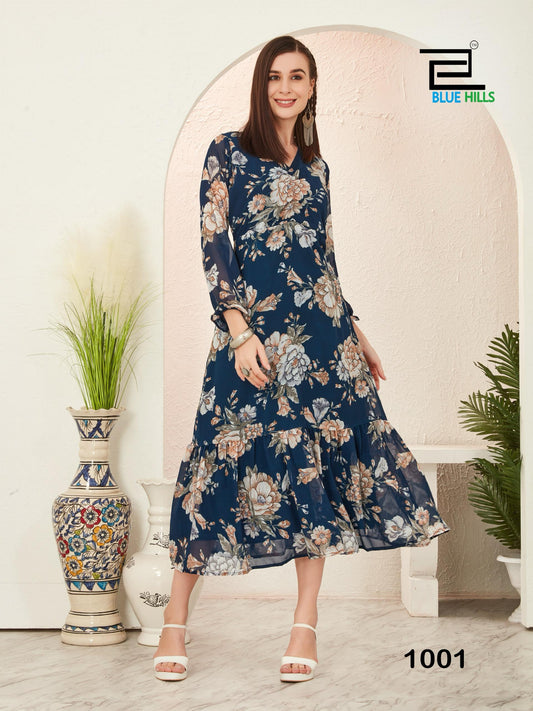 1001 Blossom Bluehills Georgette Kurti