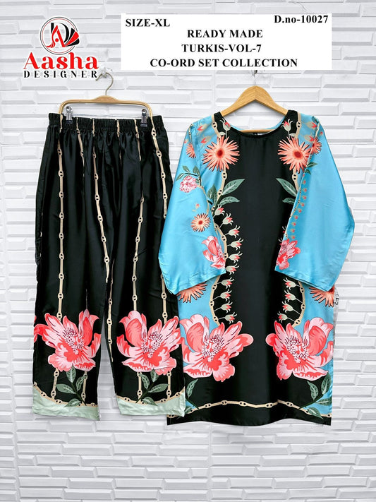 10027 Turkis Vol-7 Karachi Aasha Designer Satin Co Ord Set