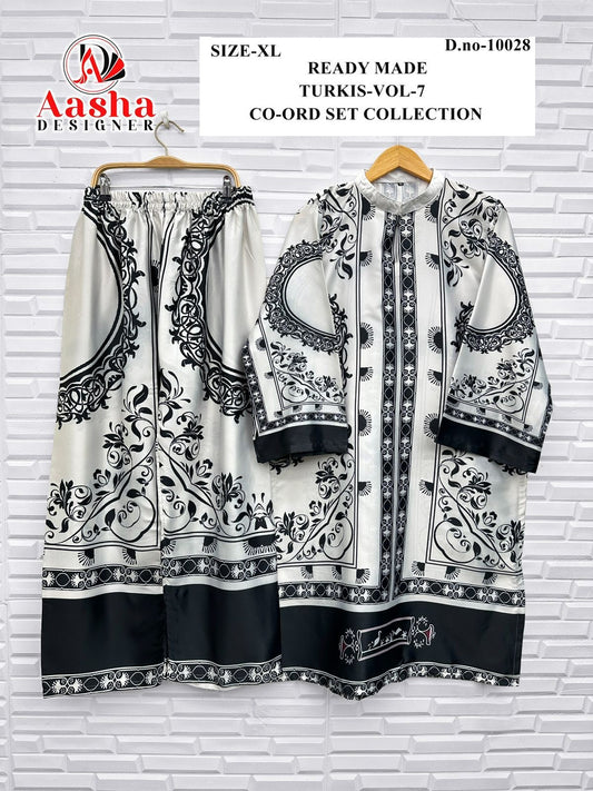 10028 Turkis Vol-7 Karachi Aasha Designer Satin Co Ord Set