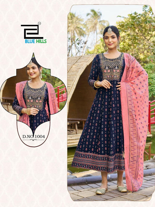 1004 Masakali Vol 7 Bluehills Heavy Rayon Gown Dupatta Set