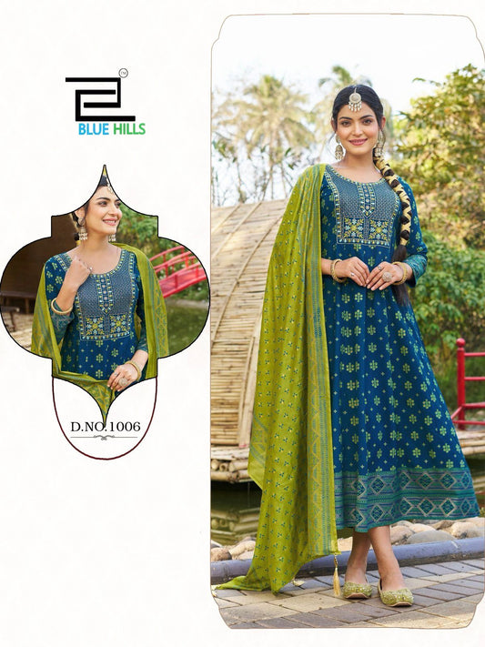 1006 Masakali Vol 7 Bluehills Heavy Rayon Gown Dupatta Set