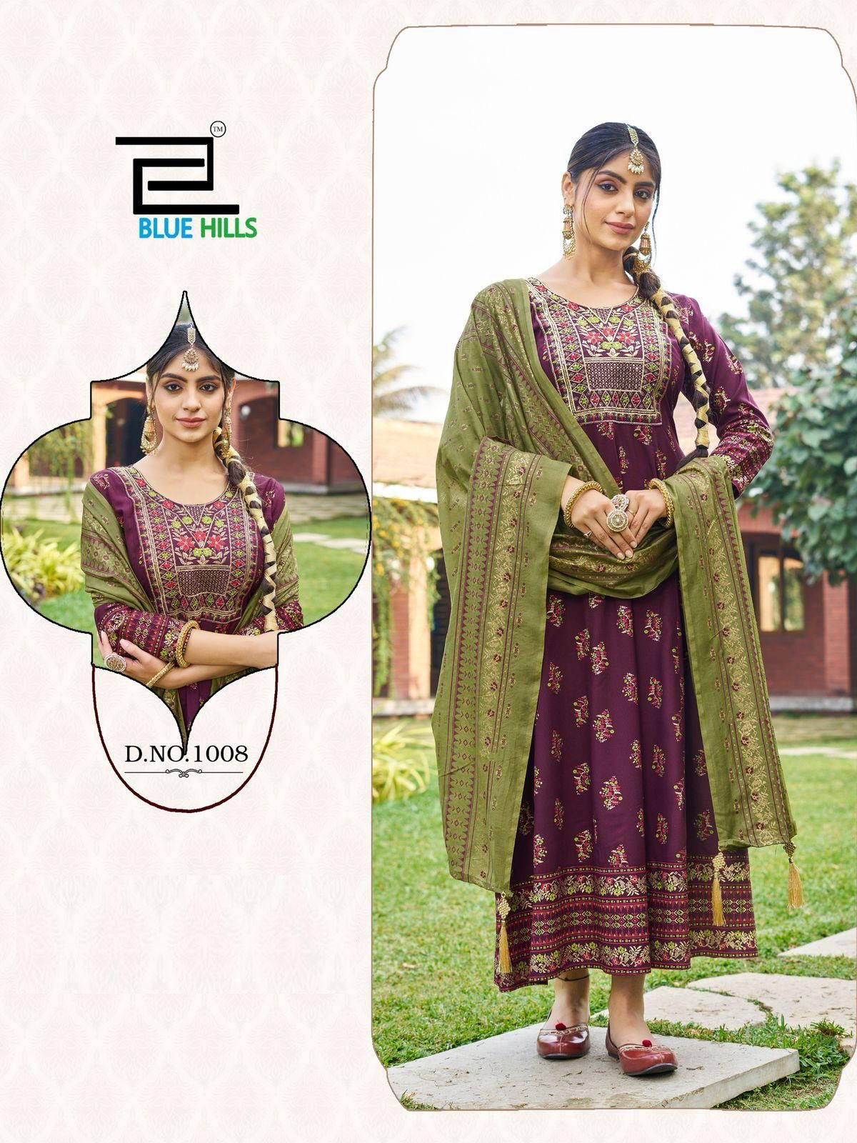 1008 Masakali Vol 7 Bluehills Heavy Rayon Gown Dupatta Set