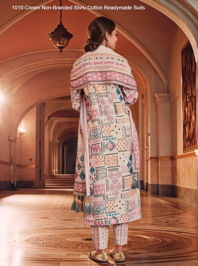 1010 Cream Non-Branded Stvru Cotton Readymade Suits