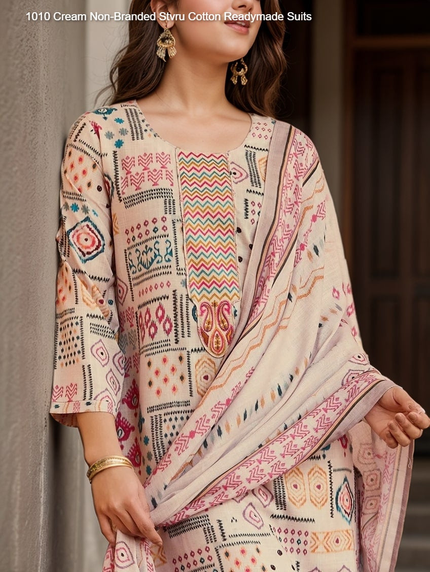 1010 Cream Non-Branded Stvru Cotton Readymade Suits