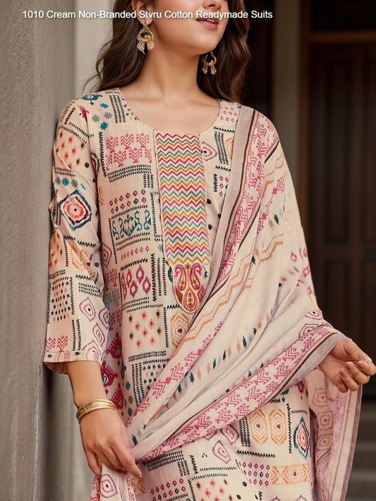 1010 Cream Non-Branded Stvru Cotton Readymade Suits