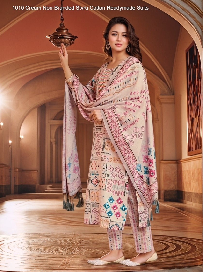 1010 Cream Non-Branded Stvru Cotton Readymade Suits